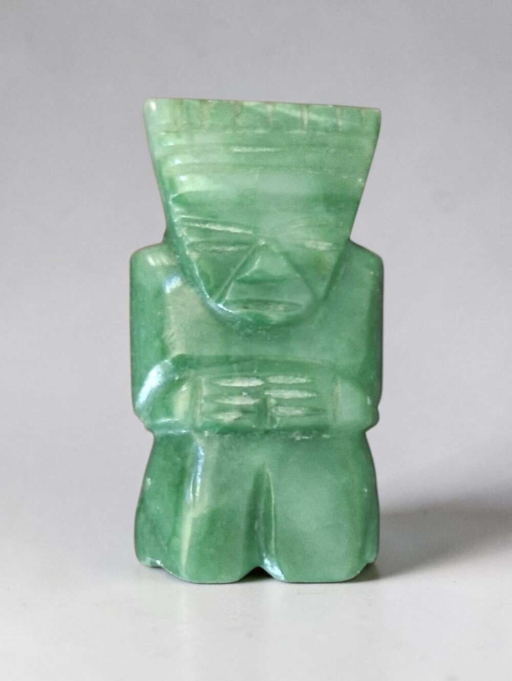 Vintage Hand Carved Jade Figure Brooch Tribal Tiki Style Green Stone